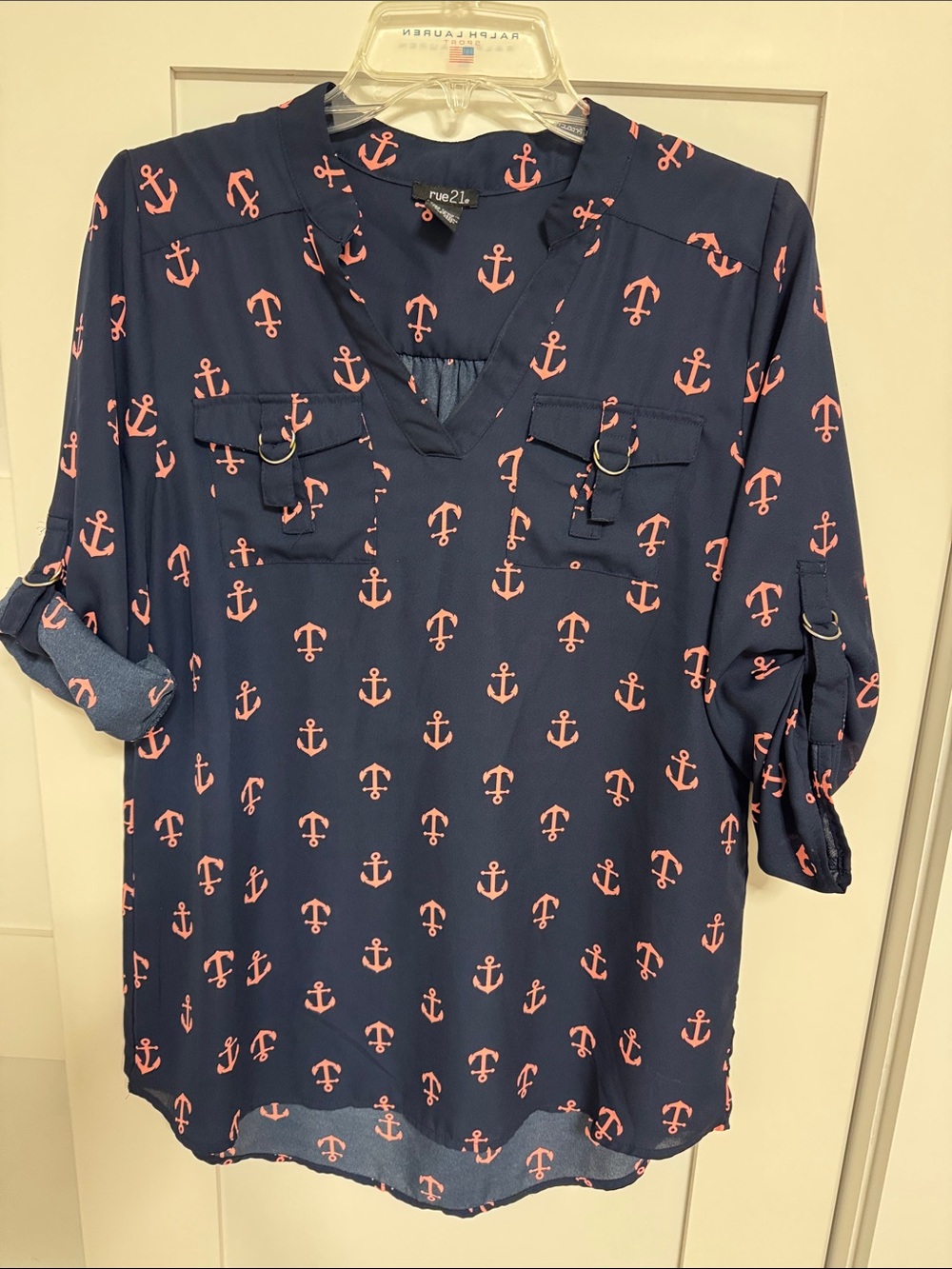 Rue21 Navy Blouse with Coral Anchor Print